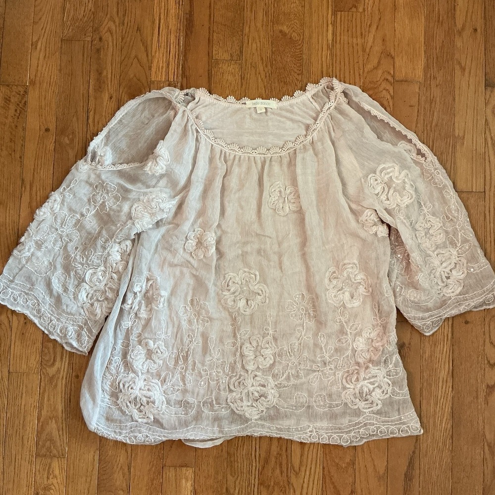 Belle France Silk Sequin Embroidered ColdShoulder Blouse Beige‎ Small Boho